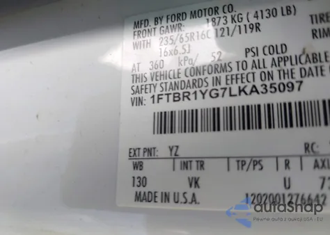 2020 Ford Transit-250 z USA, uszkodzony, nr VIN 1FTBR1YG7LKA35097